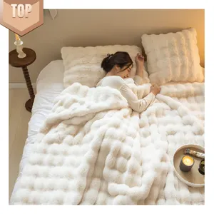 Vente en gros de lit de luxe en peluche lapin fausse fourrure couvertures jetées pour canapé d'hiver en minky autre doux et chaud double couche personnalisé