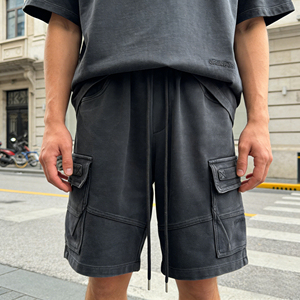 Pantalones Cortos Casuales de Algodón con Bolsillos Grandes y Lavado Ácido para Hombre, Negros, de Verano, de Secado Rápido, Transpirables, con Cintura Elástica, Largos hasta la Rodilla - Product Image 1