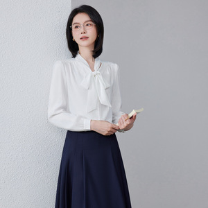 Women's White Long Sleeve Blouse Poplin Anti-Wrinkle Wrap Tie Work Formal Shirt Spring Summer 2026 - Product Image 3