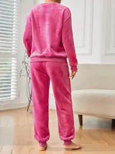 Yeni tasarım kadın sonbahar kış sıcak kalın Loungewear uzun kollu pazen pijama seti