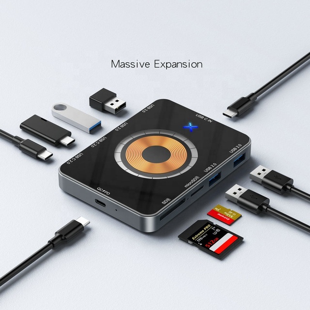 8-in-1 USB C Hub 5Gbps Type C Docking Station 15W Wireless Fast Charging TF/SD Card Reader QC/PD Power Inlet for Phone Computer