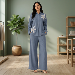 Ensemble coordonné pour femme, bleu poussière, broderie florale |   Chemise à manches longues boutonnée et pantalon palazzo taille haute à jambes larges - Product Image 1