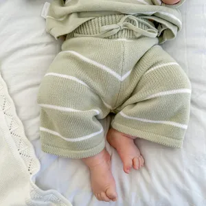 Latest 2024 New Designer Chunky Plain Spring Maple Fleck Striped 100% Organic Cotton Babi Winter Knit Baby Pants