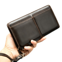 Dompet Pria Kulit Asli Model Panjang dengan Dua Kantong dan Banyak Slot Kartu, Tas Selempang Pria