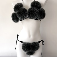 Nouveau style de bikini deux pièces en fausse fourrure de renard, sexy et ludique, pour femmes, en peluche unie et sans dos