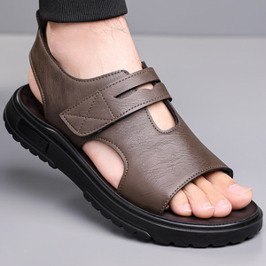 Sandalias de hombre con correa en T, de cuero genuino, punta abierta, con cierre de velcro, casuales, transpirables, para verano, con suela de goma. - Product Image 1