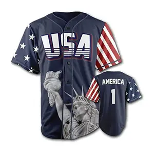 Custom Honkbal Jersey Jongens Knoop Usa Vlag Sublimatie Afdrukken Amerikaanse Honkbal Jersey Mannen