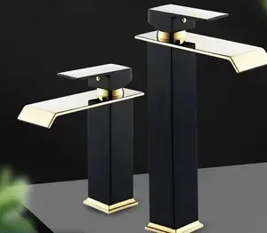 Moderne Luxus-Edelstahl-Einzeldruck-Ausguss-Wohnbeckenschüssel-Wasserhahn schwarz goldene Farbe Wasserfall-Badezimmer-Wasserhähne