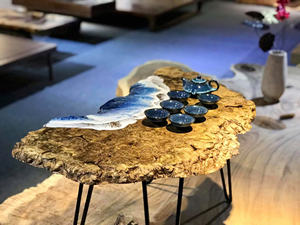 OEM/ODM Service Tea <b>Table</b> Natural Live Edge Burl Wood Slab Blue Epoxy <b>Resin</b> River <b>Table</b> <b>Top</b> with Realistic Sea Wave Art - Product Image 3