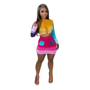 Top court en tricot de couleur contrastante deux pièces moulante mini robes pour femmes