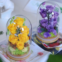 Bunga Mawar Awet Buatan Tangan Grosir dalam Kubah Kaca, Buket Bunga Abadi dengan Lumut dan Hydrangea untuk Hari Valentine, Hari Ibu, dan Dekorasi Rumah