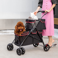 Poussette pliable portable à double couche pour chiens et chats de petite et moyenne taille avec 4 roues amovibles