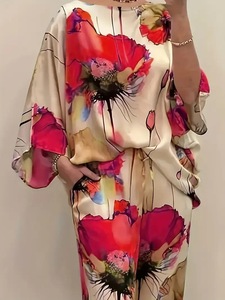 Completo Casual da Donna in Raso con Stampa Floreale, Top a Maniche 3/4 Vestibilità Regolare e Pantaloni a Gamba Larga, Lussuoso Effetto Seta, Traspirante, Abbigliamento Comodo in Due Pezzi - Product Image 1