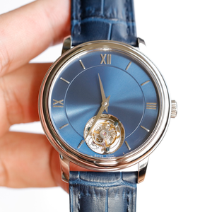 Reloj de pulsera Tourbillon premium para hombre, caja plateada, esfera azul Sunray, correa de piel de cocodrilo azul - Reloj de vestir elegante hecho en Suiza - Product Image 1