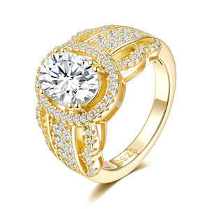 Women's 18K Gold Plated Moissanite Engagement <b>Ring</b> Round Brilliant Cut Pave Setting 925 Silver Romantic Style - Product Image 1