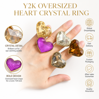 Cincin Hati Bertabur Rhinestone Chunky Estetika Y2K Cincin Statement Zirkon Warna-warni Ukuran Besar untuk Wanita Perhiasan Fashion Indie