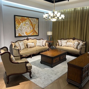 Juego de Sofás de Cuero Genuino de Nogal Clásico de Lujo Europeo, Adecuado para Salas de Estar, Hoteles y Apartamentos - Product Image 1