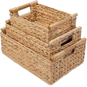 Cestas hechas a mano HUAYI con asas de madera, cestas rectangulares para uso doméstico, cestas de mimbre tejidas a mano para almacenamiento de jacinto de agua - Product Image 1