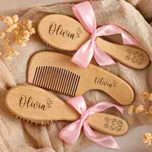 3-Piece Personalized Wooden Baby <b>Hairbrush</b> <b>Set</b> Custom Engraved Name Soft Goat Wool Modern Multifunction Design-Birth Gift - Product Image 1