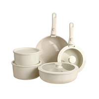 Ensemble de 11 ustensiles de cuisine minimalistes durables antiadhésifs avec poignée détachable, couvercle en verre, design empilable, crème mouchetée
