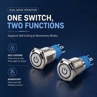 Interrupteur à bouton-poussoir momentané 12 mm, étanche IP67, en métal acier inoxydable, éclairé par LED, 1NO1NC, à réinitialisation, interrupteur d'alimentation autobloquant
