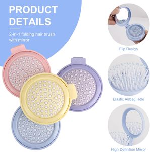 Peigne pliant mini de couleur unie à bas prix, brosse à cheveux de poche, peigne de voyage rond à coussin d'air escamotable avec miroir - Product Image 3