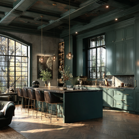 Armoires de cuisine sur mesure avec finition vert forêt, style classique et rangement îlot, fabriquées sur commande pour projets résidentiels