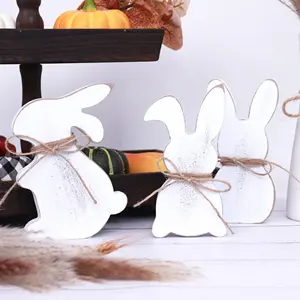 Pafu Farmhouse dekorasi pesta Paskah, ornamen kelinci kecil putih Vintage lucu dengan tali
