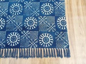 Handmade Indigo Cotton Dhurrie Rug <b>Block</b> Print Area Carpet Bohemian Style Floor Rug Home Decor - Product Image 6
