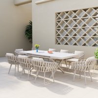 Ensemble de salle à manger extérieur moderne et contemporain en aluminium, 9 pièces, extensible, blanc, avec chaises à bras tressées, pour cour et appartement