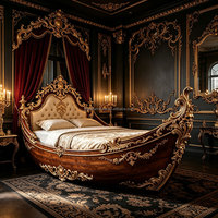 Meubles de chambre à coucher de style rococo français, lit en bois massif sculpté à la main de style bateau pirate, lit en bois classique américain de taille king