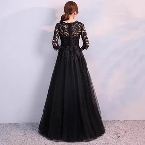 Black Evening Gown High Neck 3D Lace Empire Waist Long Sleeve Plus Size Coming Of Age Ceremony Dress - Product Image 3