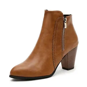 Agrandir image Ajouter pour comparer Partager Bottines à talons épais pour dames en cuir mat marron à la mode avec fermeture éclair