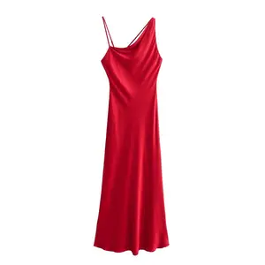 Cor vermelha assimétrico design sem mangas sedoso casual moda feminina cetim vestido longo