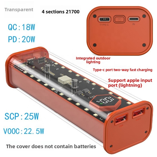 Transparent LED Display Power Bank Case 4 Slots Super Fast Charging Mobile Power Supply Kit 21700 Battery Box-No Welding