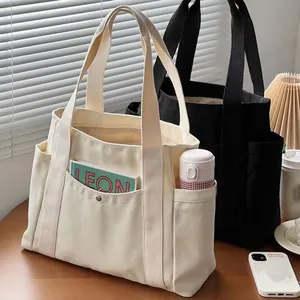 Novo estilo personalizado logotipo em branco mercearia reutilizável compras lona de algodão sacolas com bolso e zíper para mulheres estudante