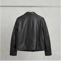 Veste en cuir noir, manteau court pour femme à col rabattu avec design minimaliste