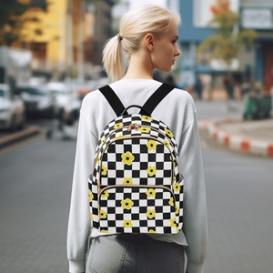 Fashion Black White Checkered Design Quilted Polyester Leisure <b>Backpack</b> Flower Custom Women's Waterproof <b>Backpack</b> for College - Product Image 6