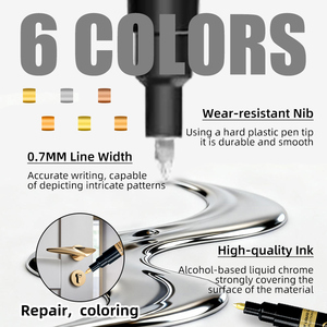 Marqueur chromé argenté, <span class=keywords><strong>peinture</strong></span> réfléchissante, stylo marqueur métallique, encre permanente 0,7 mm, 6 couleurs, placage photoélectrique de haute qualité pour la coloration mécanique - Product Image 5