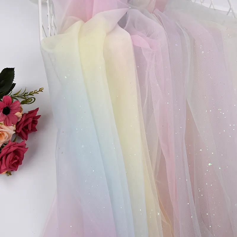 Rainbow Tulle Kain Payet Cetak Digital Kain Cetak Glitter Tulle Tulle untuk Gaun