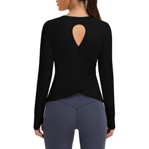 Haut de yoga à manches longues pour femme FOXA, dos ouvert, découpes ajourées, extensible, en Spandex/Polyester, pour la gym, l'entraînement, décontracté et athlétique - Product Image 1