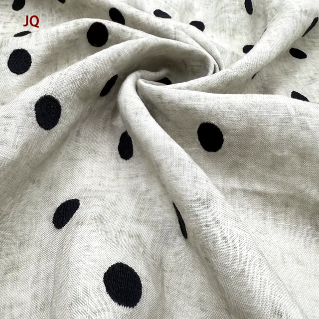 Pure Linen Embroidered Polka Dot Pattern Fashionable High-end Simple Clothing Fabric  for Dress