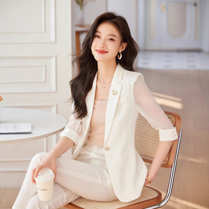 Women's White Summer Blazer Three Quarter Sleeve Breathable Viscose Fiber Suit Jacket Elegant Professional Attire - Product Image 5