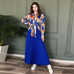 Conjunto Modesto para Mujer, <span class=keywords><strong>Blusa</strong></span> Larga Holgada con Botones <span class=keywords><strong>y</strong></span> Diseño <span class=keywords><strong>de</strong></span> Parches, <span class=keywords><strong>Falda</strong></span> Plisada Elegante <span class=keywords><strong>de</strong></span> Cintura Alta, Traje <span class=keywords><strong>de</strong></span> 2 Piezas - Product Image 4