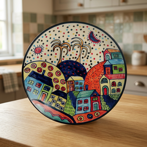 Plato Redondo de Cerámica Hecho a Mano con Diseño de Pueblo de Dibujos Animados, 300 mm de Diámetro, Manteles Individuales y Bases para Decoración de Mesa - Product Image 1