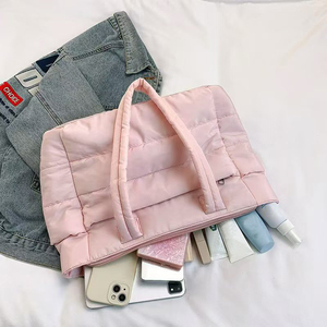 Nylon <strong>Puffer</strong> Tote Bag Large Capacity Lightweight Pastel Tote Bags Fluffy Handbag with Zipper Closure and Bottle Holder - Product Image 2
