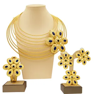 Yulaili Latest design Brazilian multi player necklace jewelry set blue stone fashion 4 pieces Dubai party Jewelry Set for lady