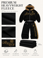 Setelan Olahraga Pria Custom, Hoodie Zip Up, Celana Lengan Lebar, Bordir Emas, Trim Hoodie Bulu, Ukuran Besar, 2 Potong