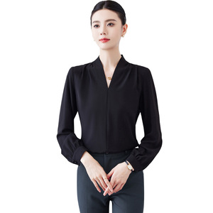 Women's V-Neck Long Sleeve Chiffon Shirt Solid Color Office Professional Blouse Polyester Fabric 2025 Autumn Style - Product Image 5