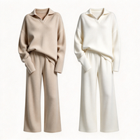 Ensemble Loungewear Femme 2 Pièces en Maille : Pull Oversize à Col Revers et Col en V à Manches Longues et Pantalon Large Taille Haute Assorti